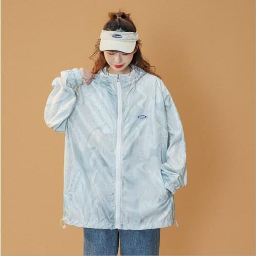 Grey Blue Color Womens Big Size Sports Simple Printing Jacket Hooded Thin Loose Ladies Casual Sunscreen Cool Coat Spring Autumn