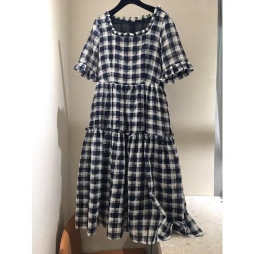 Fashion ladies 2021 new short-sleeved square collar ruffled checkered dress 0306