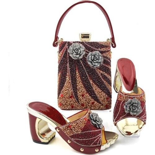 Fashionable wine women pumps with crystal decoration flower style african dress shoes match handbag set MD013,heel 9CM