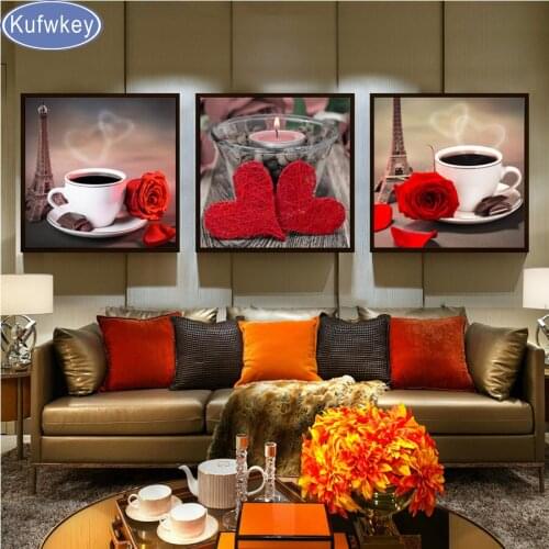 3 pcs set,DIY 5D Diamond Embroidery rose,heart,tea,painting of resin diamond,Needlework,Full Square Diamond Painting Home Decor