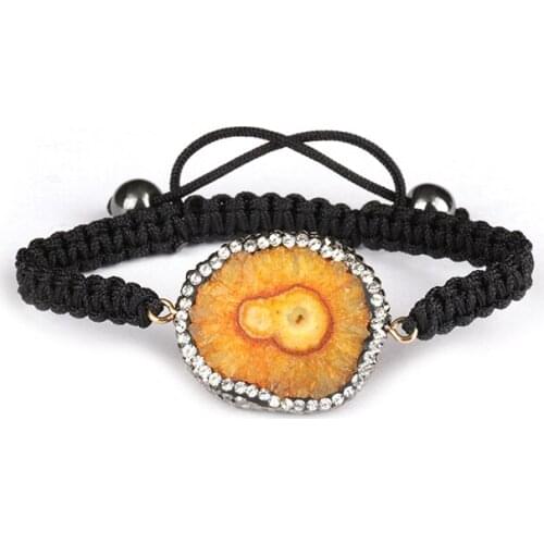Orange yellow druzy crystal stone slice bead pave rhinestone beads hematite end bead charm black rope macrame bracelet unisex