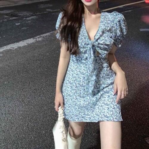 French Retro Blue Floral Dress Summer Chiffon Platycodon Grandiflorum Hip Skirt New Fairy Skirt Low-Cut V-neck Show Chest Sexy