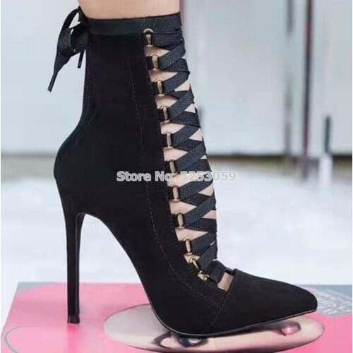 Luxurious Ring Buckle Suede Pointed Toe Boots Celebrity Ribbon Lace-up Thin High Heel Party Shoes Discount Motorcycle Boots