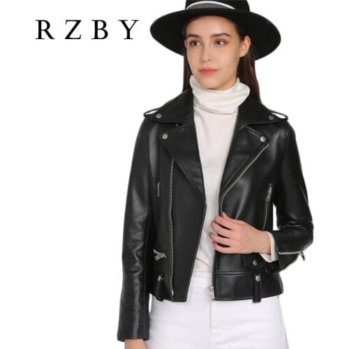 RZBY Winter Fashion Rivet Locomotive Black Zipper Lapel Genuine Womens Slim 100% Real Sheep Leather Jacket Coat