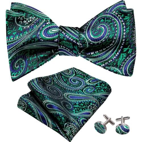 Light Blue Self Bow Tie For Men Silk Butterfly Tie Lattice Hanky Cufflinks Set Suit Collar Removable Necktie For Wedding Party