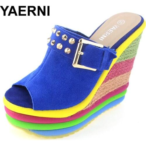 YAERNI Sandalias Plataforma Summer Shoes Woman Bohemia Rainbow High Heel Slip On Peep Toe Platform Wedges Sandals Womens