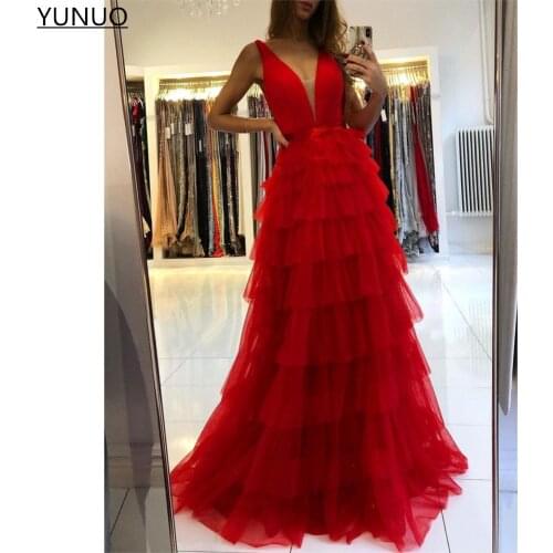 YUNUO A-line Sheer Deep V Neck Prom Dress вечерние платья Tiered Tulle vestidos Formal Evening Dresses Long abendkleider Custom