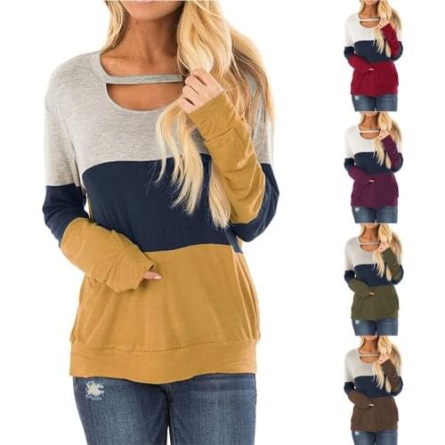 Womens Fashion Casual Three Color Contrast Round Neck Long Sleeve Oversize Comfortable Temperament Tops Camiseta mujer
