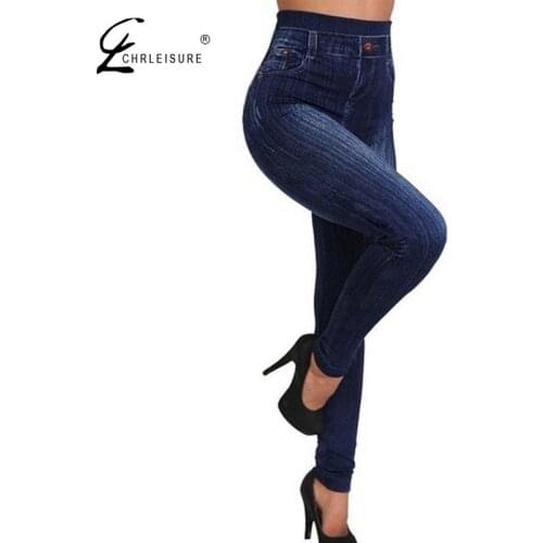 CHRLEISURE Fashionable Women Leggings Imitation Printing High Waist Seamless Cotton Imitation Denim Legging Sexy Leggings
