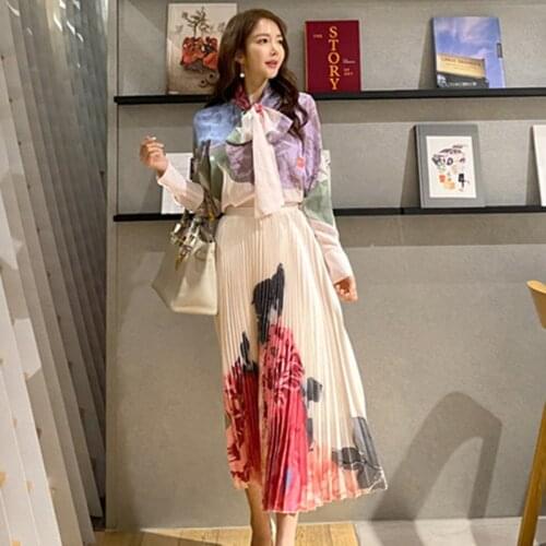 2020 Autumn Korean High-end Bow Tie Lace-up Print Blouse+High Waist Pleated Long Skirt Two-piece Set OL Women Casual Suit