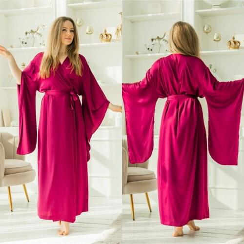 Fushcia Silk Long Bridal Robe V Neck Long Sleeve Women Dressing Gown Wedding Bathrobes with Belt Boudoir Sleepwear Nightgowns