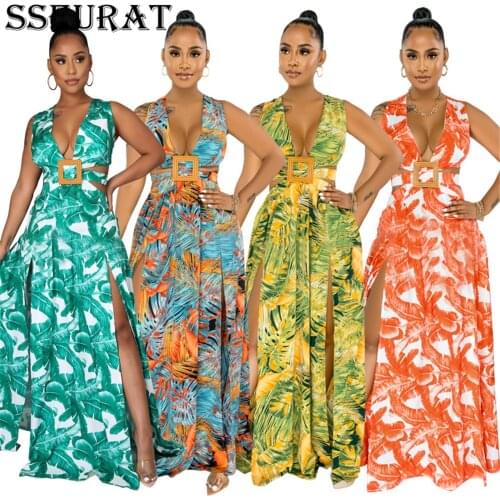 SSEURAT Women Long Dress Print V-neck Splited Loose Dresses Ladies Elegant Fashion Clothing High Street Outfit