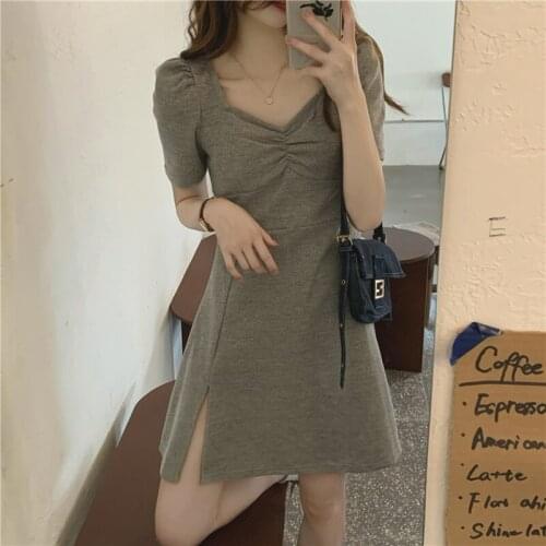 Eam Dress French V-neck Puff Sleeve Dress Summer Womens New Style Small Waist Thin Split A-line Skirt