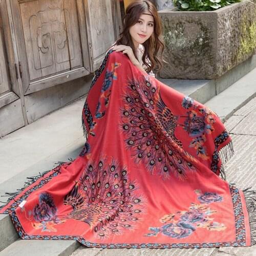 2020 Double Side Winter Women Square Cashmere Scarf National Peacock Pattern Jacquard Pashmina Shawl Wrap Blanket Warm Tippet