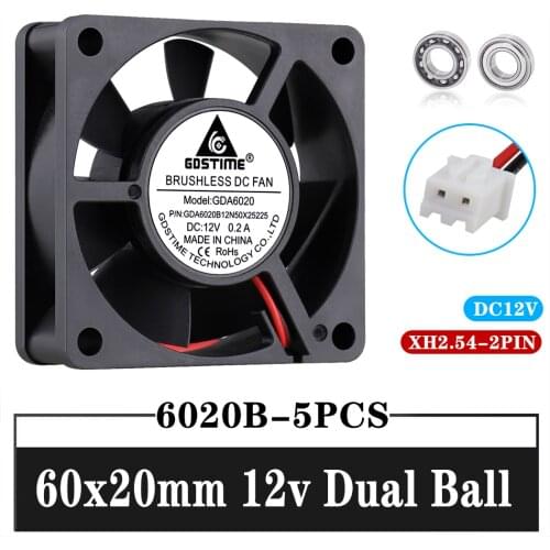 5Pcs Gdstime 6cm Brushless DC Cooler axial Fan 12V 60mm 60x60x20mm 6020 Ball Bearing 2Pin For Computer PC CPU Case Cooling
