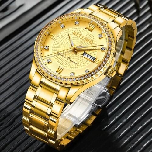 BELUSHI Mens Watches Top Brand Luxury Silver&Gold Clock Diamond Full Steel Strap Analog Quartz Hour Fashion Males Wrist Watches