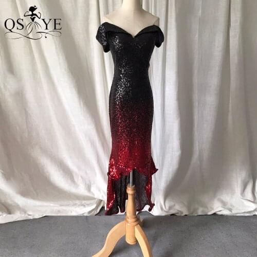 Black Red Short Evening Dress Mermaid Side Sleeves Evening Gown Glitter Split Party Dress Off Shoulder Sequin Formal Gown Prom