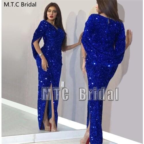 Long Royal Blue Evening Dress Sparkly Sequin Arabic Women Formal Dresses With Slit Plus Size Prom Party Gowns Vestido De Festa