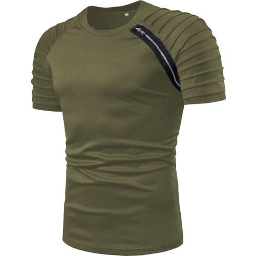 Fashion mens T-shirts o-neck cuff Folds zipper design Solid color Casual summer Short sleeve T-shirt men