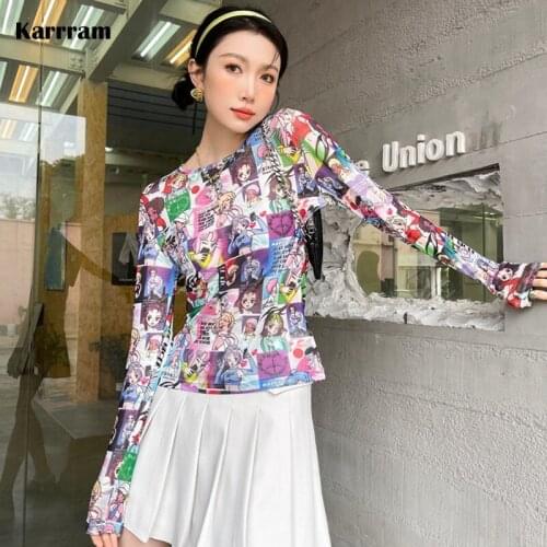Karrram Sweet Cartoon Print Mesh Top Y2k Aesthetic Long Sleeve T Shirts Women Anime E Girl Kawaii Clothes 90s Sexy Streetwear