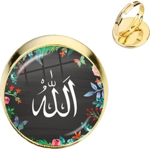 Hot Eid-Ul-Fitr Gift Glass Cabochon Adjustable Rings Charm Arabic Muslim Islamic God Allah Jewlery Rings For Women Girls Gift
