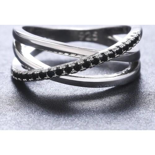 Huitan New X Three Rows Cross Fashion Women Ring Micro Paved Black Zircon Trendy Female Jewelry Party Personality Gift Rings