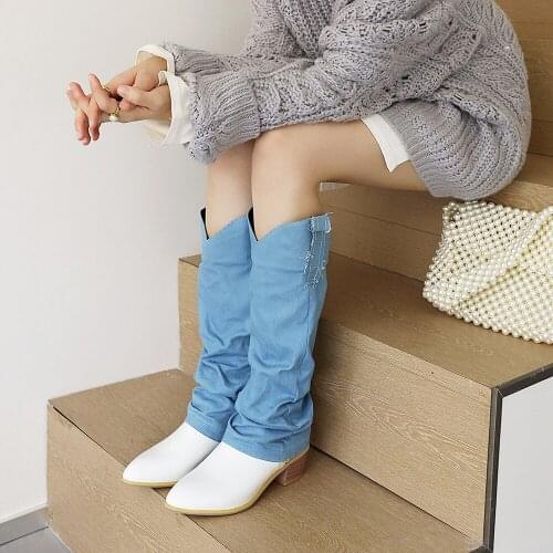 Denim Stitching Microfiber Fashion Fashion Boots Wood Grain Thick Heel Pointed Toe Street Fashion Womens Knee-Length Boots