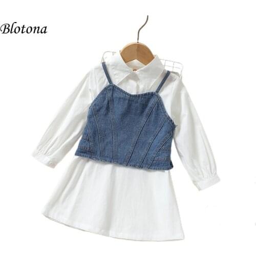 Blotona Fashion Kids Girls Summer Casual Clothes Set 2Pcs Solid Color Denim Strap Sleeveless Crop Tops + White Shirt Dress, 1-7Y