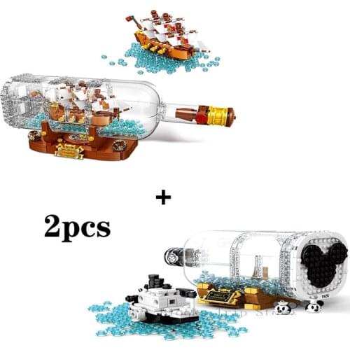 2021 New Bottle-in-Bottle Mickey Minnie + Creative Pirate Ship Model Set Building Blocks Assembly Toys Childrens Birthday Gifts