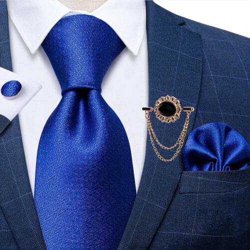 New Fashion 8cm Royal Blue Solid Men Silk Tie Set Wedding Party Necktie Handkerchief Neckwear Accessories Cravat Brooch DiBanGu