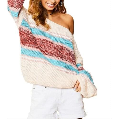 2021 New Rainbow Striped Twill Collar Sweater Pullover Womens Autumn Spring and Winter Colorful One-way Neck Knitted Pullover