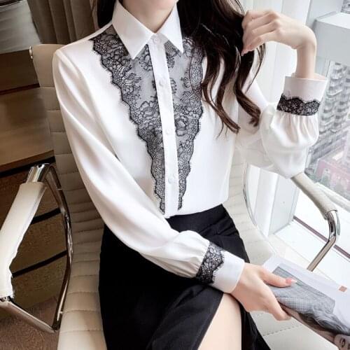 2021 New Korean Elegant Office Chiffon Blouse Women Vintage White Lace Blouse Womens Long Sleeve Button Up Shirt Womens Tops