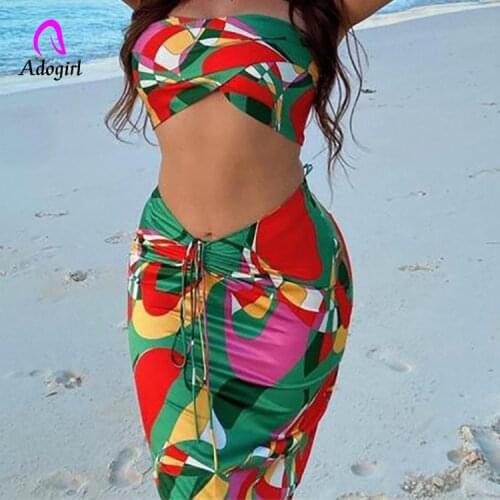 Geometry Printed Women Skirts Matching Set Off Shoulder Crop Top + Bodycon Long Skirt 2021 Summer Sexy Club Party Vestidos Suits