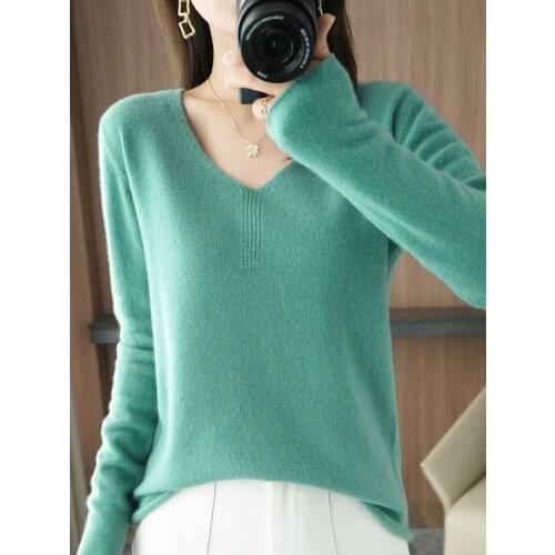 Autumn And Winter New Cashmere Sweater Womens V-Neck Pullover Sweater Casual Korean Wool Long-Sleeved Knitted Bottoming Shirt