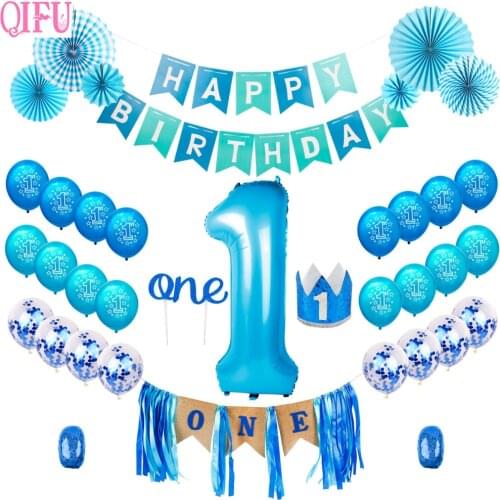 QIFU Blue Boy 1st Birthday Decorations Chairs Baby Shower Baby Boy Hat Banner One Cake Topper Happy Birthday Party Supplies