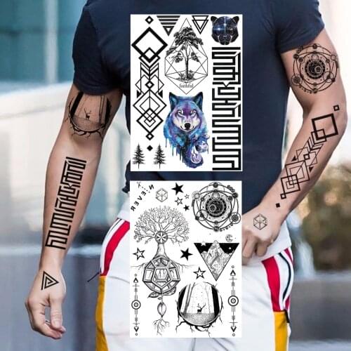 Realistic Fake Waterproof Temporary Tattoos For Men Women Creative Tatoos Paste 3D Geometric Planets Wolf Tree Tatoo For Holiday