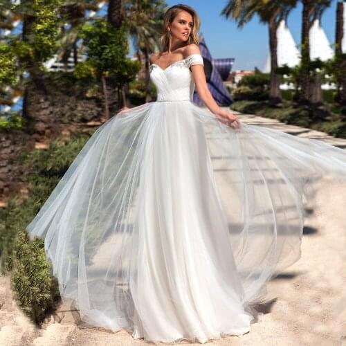 Off-Shoulder Sweetheart Beads Belts Pleats Tulle Boho A-Line Wedding Dress 2020 Vestido De Noiva