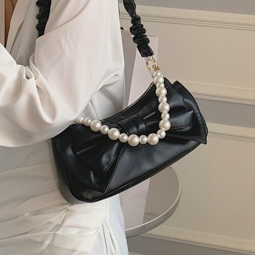 Luxury Designer Pu Leather Shoulder Bags for Women Black Bow-knot Underarm Handbag Ladies Beading Chain Crossbody Messenger Bag