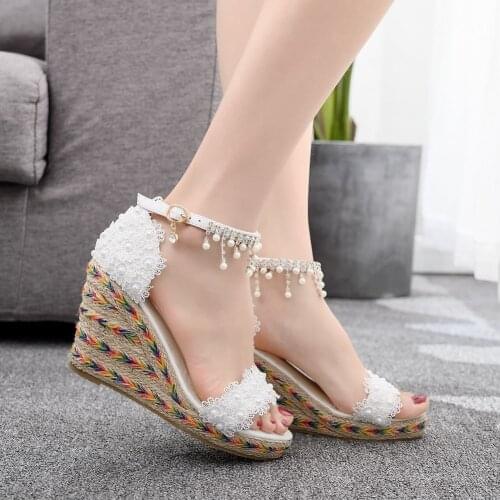 Women Wedge Summer Platform High Heels Sandals Buckle Strap Peep Toe Thick Bottom Wedding Shoes
