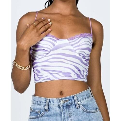 V Neck Sling Cropped Top Women Clothes Contrast Printed Camisole Female Tops Lace Patchwork Ladies Tank Camis Skinny Streetwear