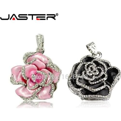 JASTER USB Flash Drive crystal flower USB stick Girlfriend Pink Gift Necklace Black Pen drive 8GB 64GB 32GB 16GB USB 2.0