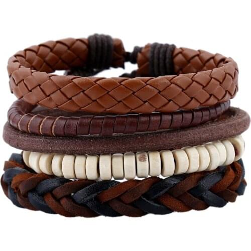 Vintage Retro Casual Men Women Leather Bracelet Set Multi-layer Beads Braided Simple Charm Wristband Wrap Bangle Fashion Jewelry