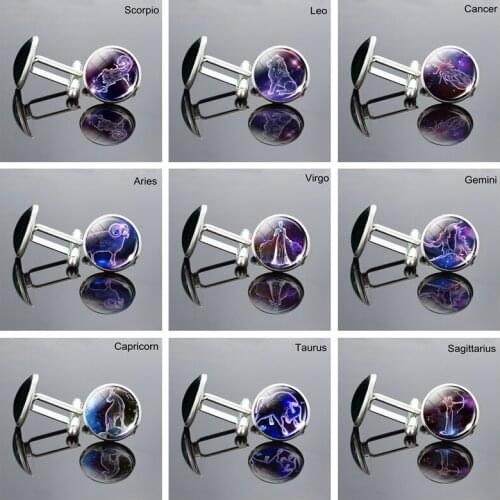 12Constellation Cufflinks Zodiac Jewelry Glass Cabochon Leo Scorpio Pisces Cufflinks Suit Accessories Party Wedding Jewelry Gift