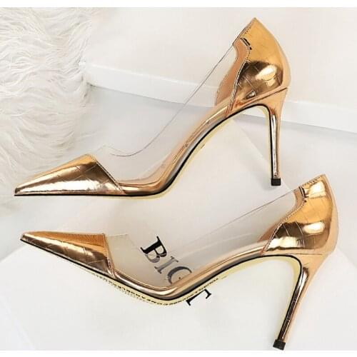 2021 Summer Elegant Women Bling 8.5cm High Heels Pumps Cap Toe Transparent Shinny Silver Heels Sexy Wedding Bridal PVC Shoes