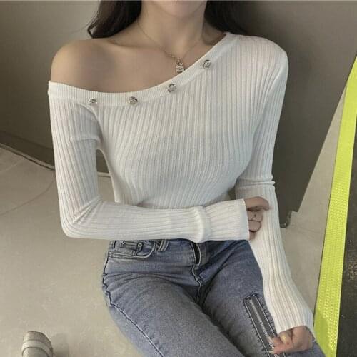 2020 Casual Long Sleeve Autumn Knitted Sweater Women Pullover Sexy Off Shoulder Sweaters Button Winter Slim White Top Pull Femme