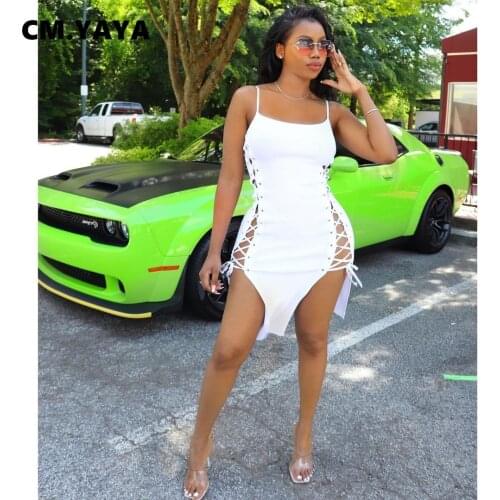 CM.YAYA Women Mini Dress Solid Sleevelss Strap Slash Neck Side Bandage Splited Dresses Sexy Night Clubwear Vestidos Summer 2021