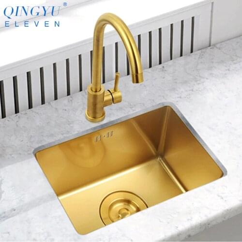 Gold Kitchen Sink Nanometer Technology Gold 4mm thickness 304 Stainless Steel Manual Sink Single Bar Counter Kitchen Sink