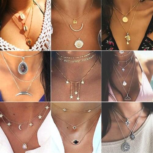 26 Styles Women Fashion Clavicle Chain Cross Elephant Shell Moon Star Crystal Pendant Necklace Beach Choker Boho Retro Necklaces