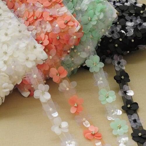 3cm Fashion elegant accessories multi color 3D plastic flower lace trim sequined beads lace ribbons for DIY clothing
