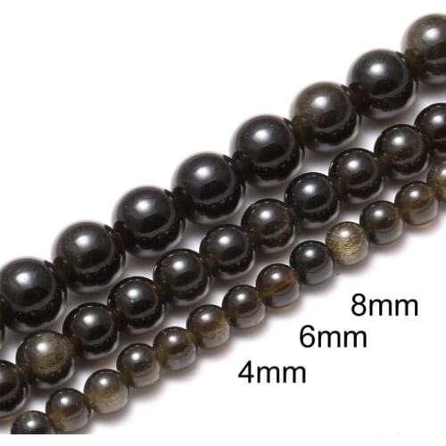 4mm 6mm 8mm Gold Obsidian Stone Beads Loose Bead for Jewelry Making Strand 15'' Natural Stone Beads DIY Bracelet Accessories